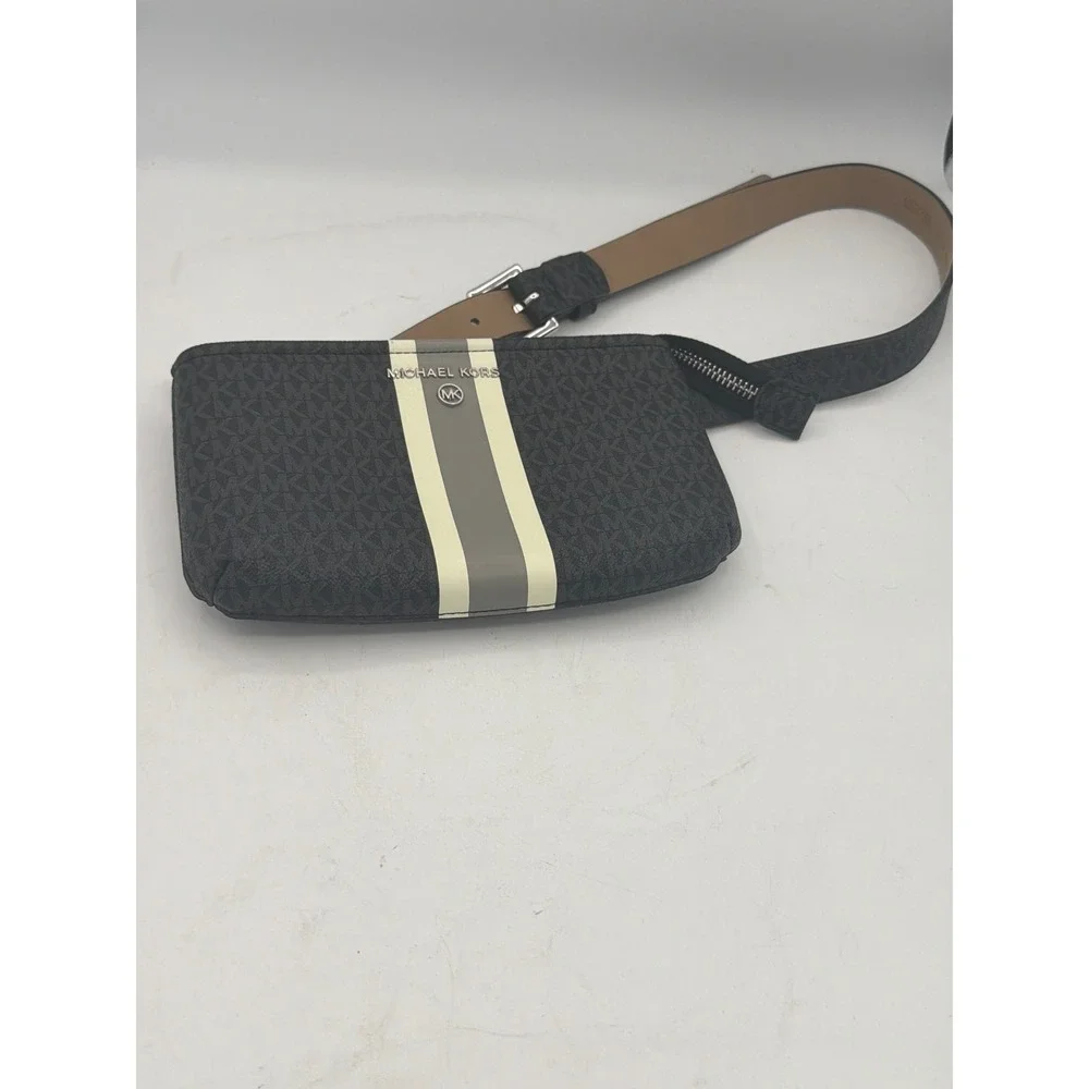 NWOT Michael Kors Signature Monogram Stripe Belt Bag Fanny Pack Black/Grey